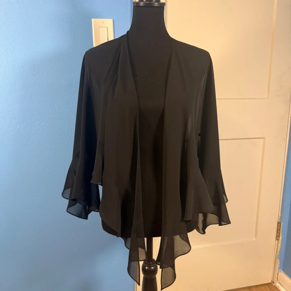 Alex Evenings Black Sheer Chiffon Ruffle Shawl Wrap Whimsygoth Witchy One Size